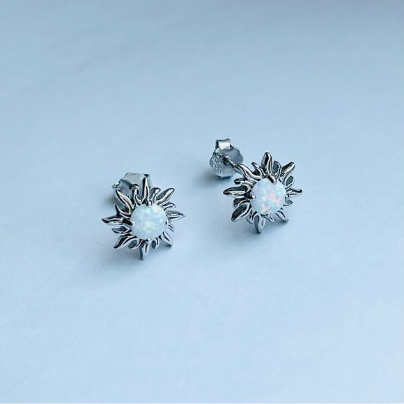 Sterling Silver White Lab Opal Blazing Sun Earrings, Silver Stud Earring, - Picture 3 of 10